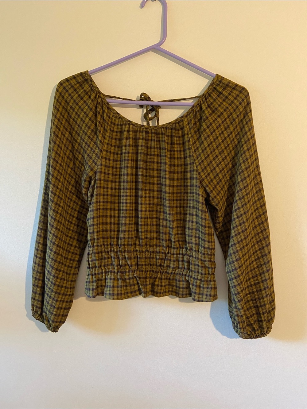 Madewell Olive Plaid Peasant Top with Tie Back